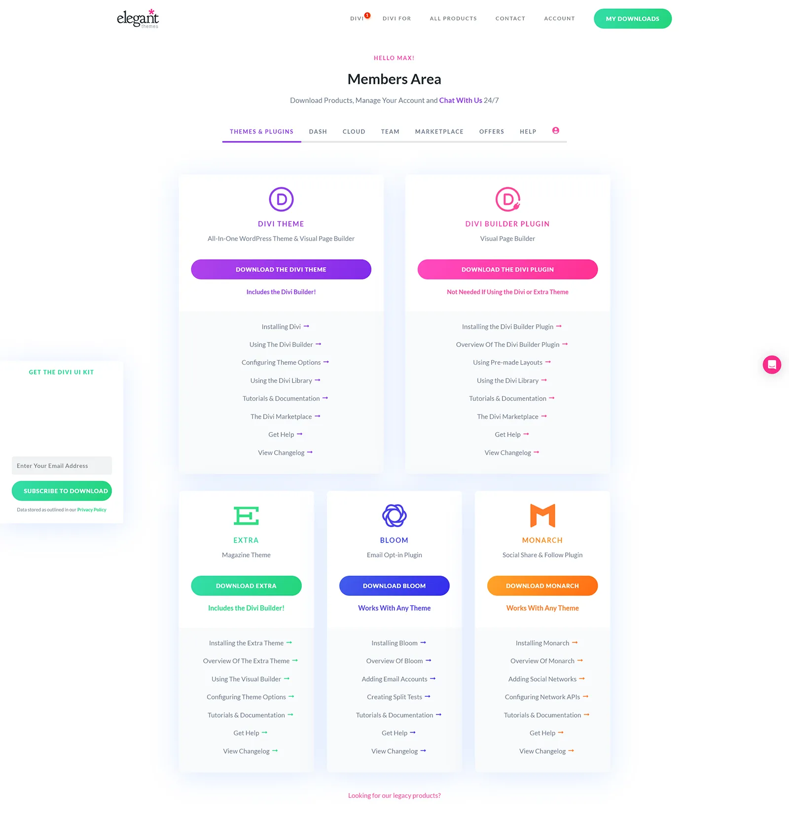 Members Area 會員管理區:Divi Theme、Divi Builder Plugin、Extra Theme、Bloom、Monarch 五項商品