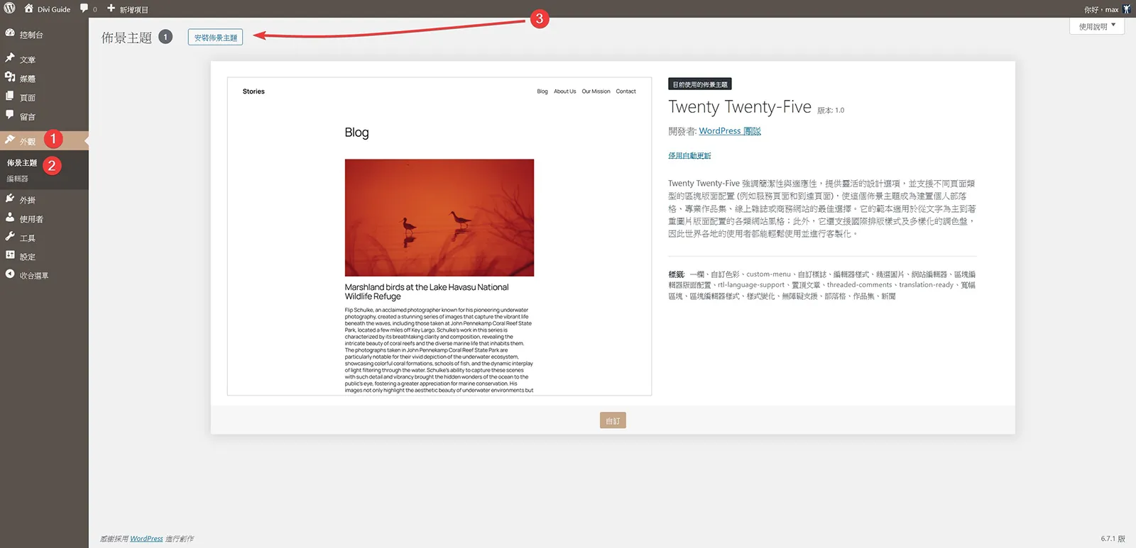 外觀/佈景主題,請點擊安裝佈景主題
