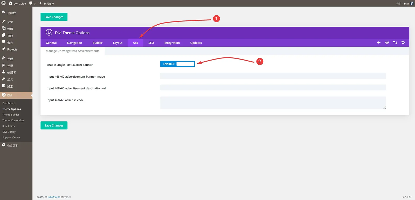 Ads/Manage Un-widgetized Advertisements:廣告管理設定。