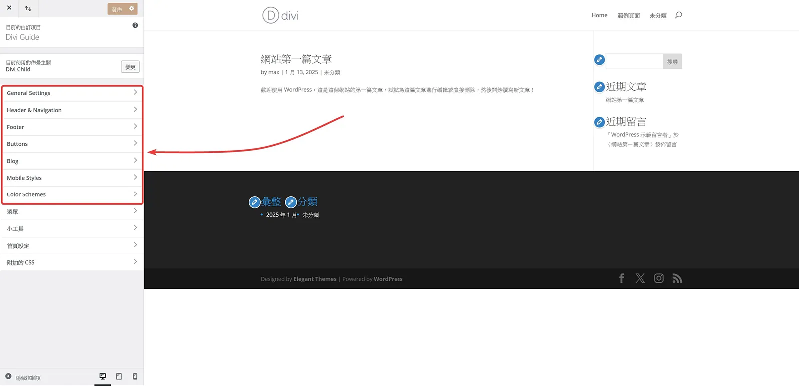 Divi 佈景主題的自訂設計項目分成七大項